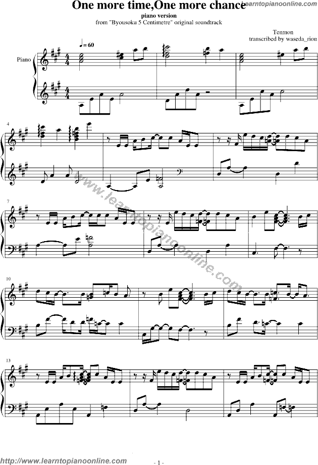 One more time, One more chance Piano Sheet Music Free