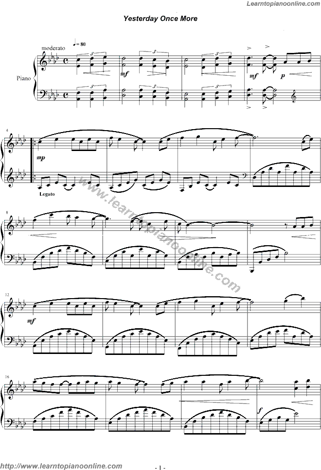 Yesterday Once More by Bandari Piano Sheet Music Free