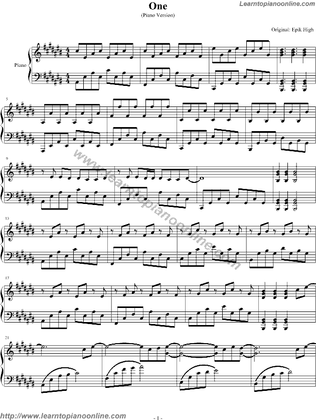 One by Epik High Piano Sheet Music Free