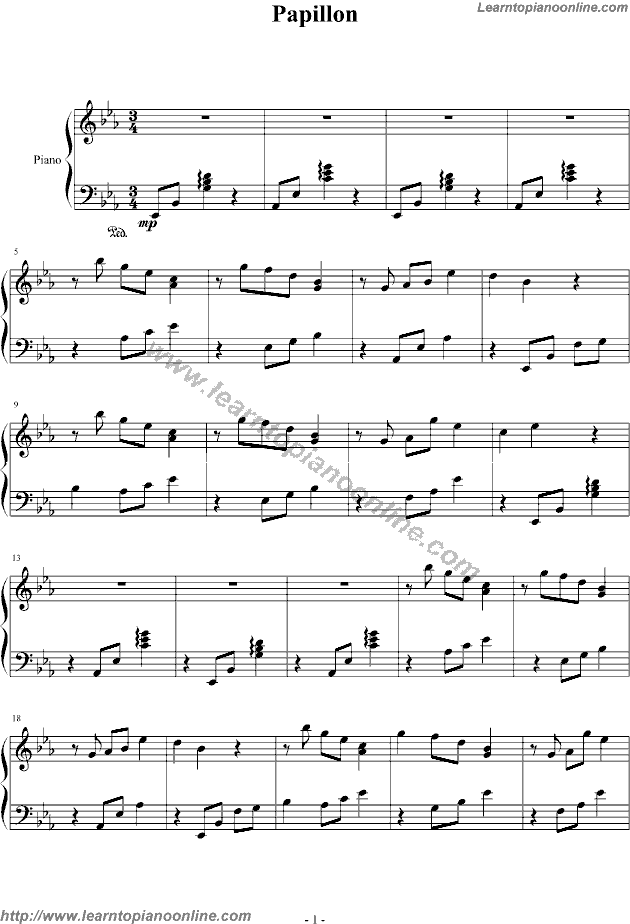 Papillon by Secret Garden Piano Sheet Music Free