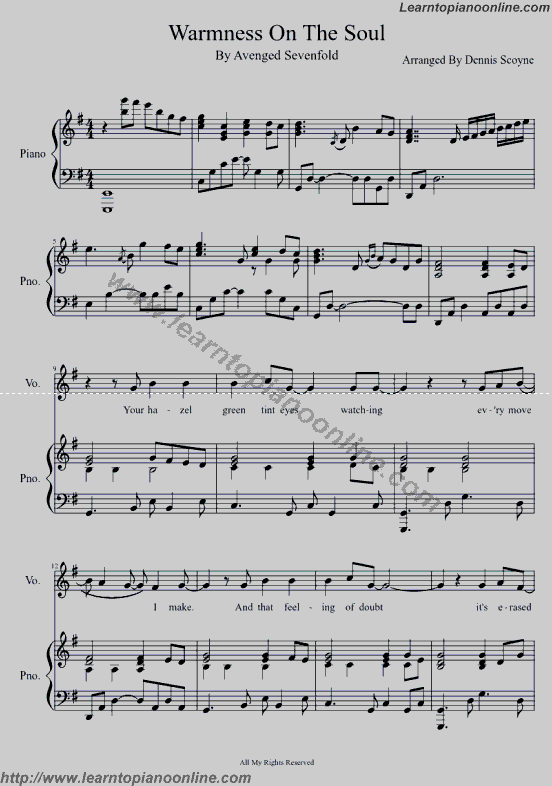 Avenged Sevenfold - Warmness on the Soul Piano Sheet Music Free