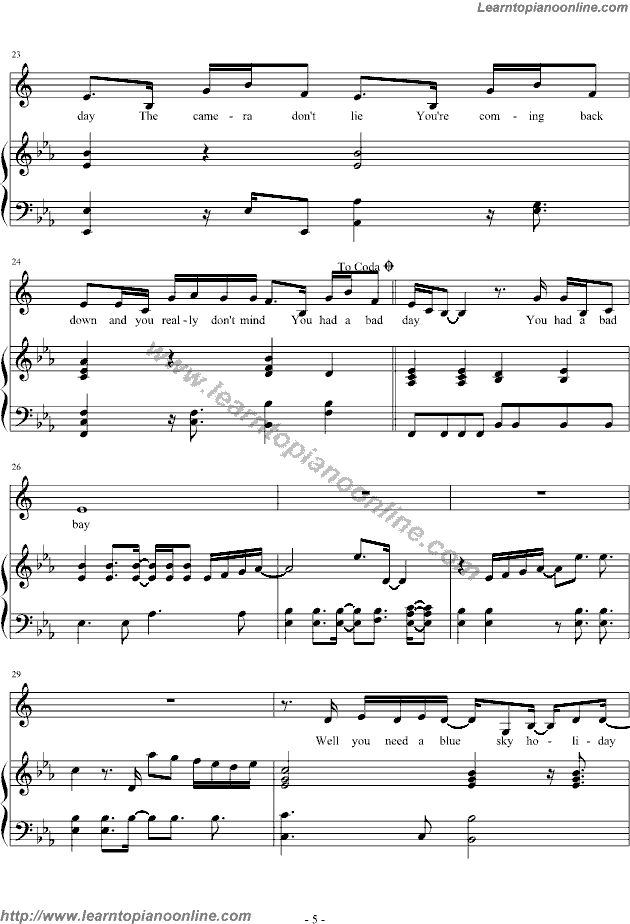 Bad Day by Daniel Richard Powter Piano Sheet Music Free