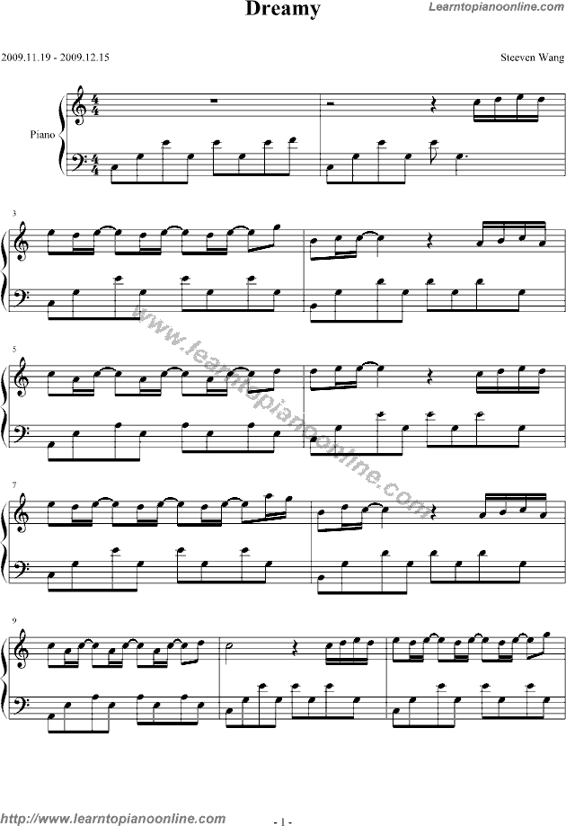 Dreamy by Steeven Wang Piano Sheet Music Free