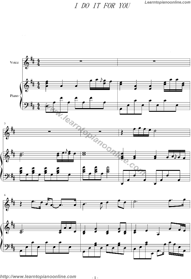 I Do It For You by Bryan Adams Piano Sheet Music Free