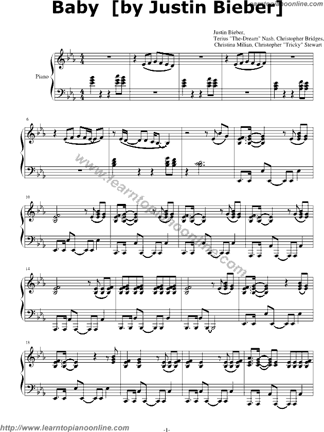 Baby by Justin Bieber Free Piano Sheet Music