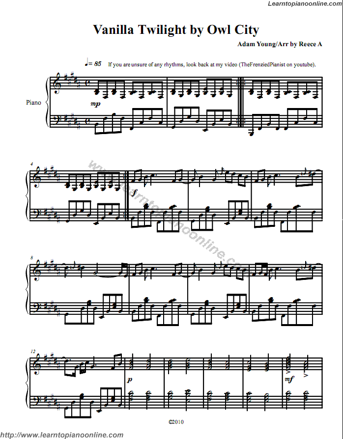 Vanilla Twilight by Owl City Adam Young Free Piano Sheet Music