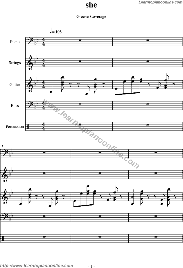 She by Groove Coverage Free Piano Sheet Music