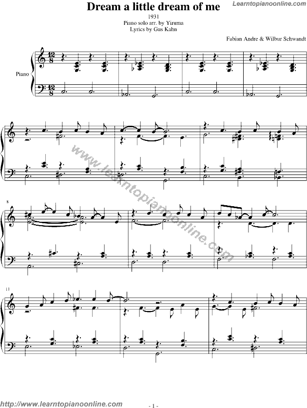 Yiruma - Dream a little dream of me Free Piano Sheet Music Chords Tabs Notes Tutorial Score