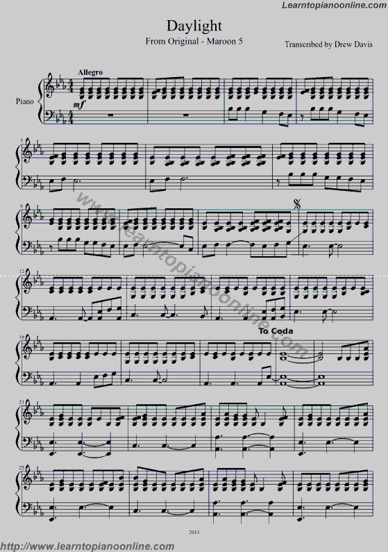 Maroon 5 - Daylight Piano Sheet Music Free